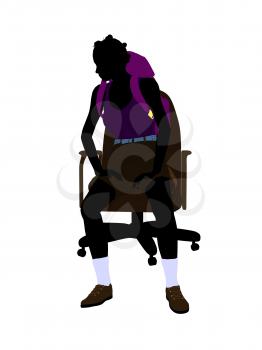 Royalty Free Clipart Image of a Woman Wearing a Backpack Sitting on a Chair