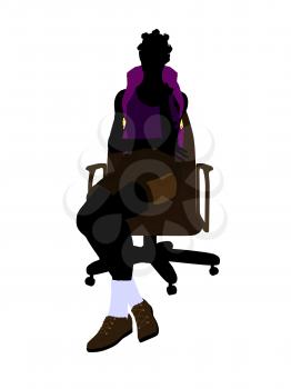 Royalty Free Clipart Image of a Woman Wearing a Backpack Sitting on a Chair