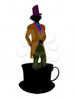 Royalty Free Clipart Image of a Man in a Hat Standing in a Teacup