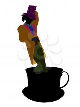 Royalty Free Clipart Image of a Man in a Hat Standing in a Teacup