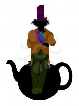 Royalty Free Clipart Image of a Man Wearing a Hat Sitting on a Teapot