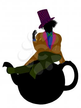 Royalty Free Clipart Image of a Man Wearing a Hat Sitting on a Teapot