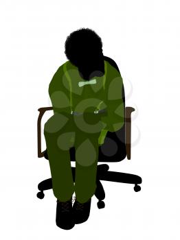 Royalty Free Clipart Image of a Man in a Green Shirt Sitting on a Chair
