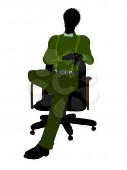 Royalty Free Clipart Image of a Man in a Green Shirt Sitting on a Chair