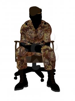 Royalty Free Clipart Image of a Soldier in an Office Chair