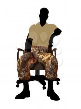 Royalty Free Clipart Image of a Man Wearing Camouflage Pants Sitting in a Chair