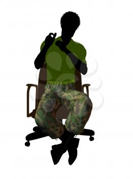 African ameircan soldier sitting on an office chair silhouette on a white background