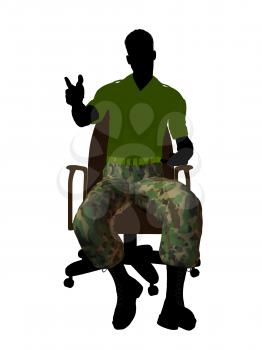 Royalty Free Clipart Image of a Man in Camouflage Pants Sitting in a Chair