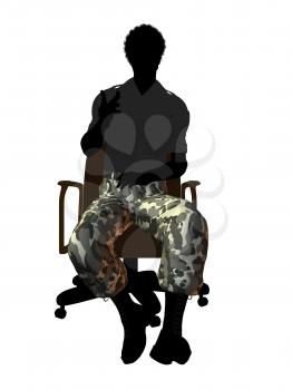 Royalty Free Clipart Image of a Man in Camouflage Pants Sitting in a Chair