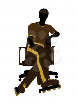 Royalty Free Clipart Image of a Man Wearing Roller Skates Sitting in a Chair