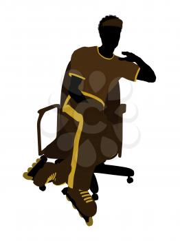 Royalty Free Clipart Image of a Man in Roller Skates on a Chair