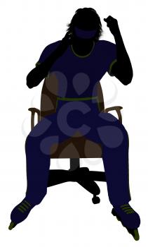 Royalty Free Clipart Image of a Man Wearing Roller Skates Sitting in an Office Chair