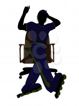 Royalty Free Clipart Image of a Man Wearing Roller Skates Sitting in an Office Chair
