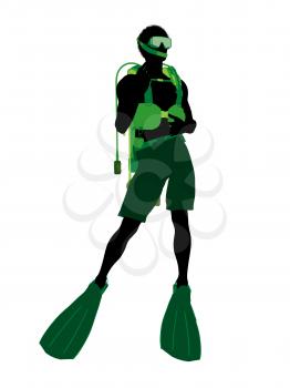 African american male scuba diver art illustration silhouette on a white background