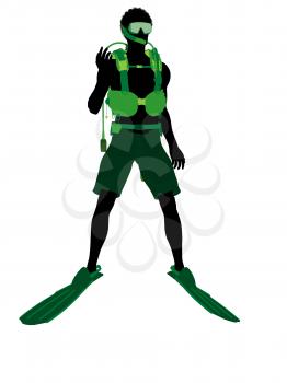 African american male scuba diver art illustration silhouette on a white background