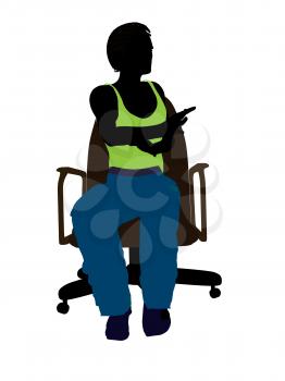 African american skateboarder sitting on an office chair illustration silhouette on a white background