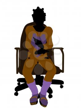 Female teen skier sitting on a chair silhouette on a white background
