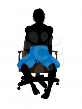 Royalty Free Clipart Image of a Guy Wearing Swimming Trunks While Sitting in a Chair
