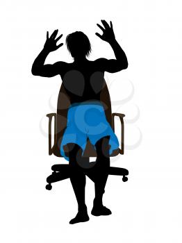 Royalty Free Clipart Image of a Guy Wearing Swimming Trunks While Sitting in a Chair