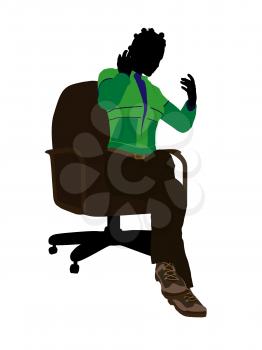African american outdoor female sitting on an office chair silhouette on a white background