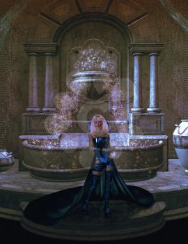 Royalty Free Clipart Image of a Woman in Front of a Fountain