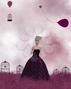 Royalty Free Clipart Image of a Woman Standing in Grass With Birdcages