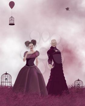 Royalty Free Clipart Image of a Woman and Man in a Field With Birdcages