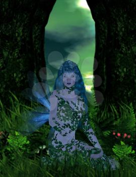Blue fairy sitting in the forest
