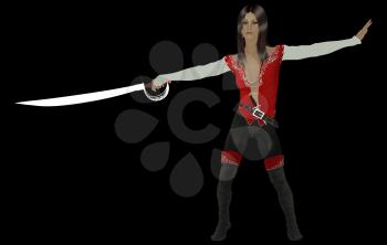 Female pirate holding a sword on a black background
