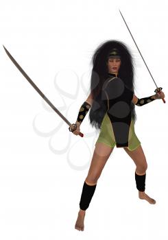 Royalty Free Clipart Image of a Woman Holding Two Swords