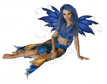 Blue and yellow fairy sitting down