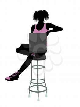 Royalty Free Clipart Image of a Girl on a Stool With a Computer