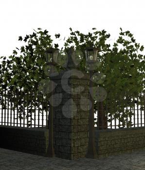 Royalty Free Clipart Image of a Sidewalk With Trees and a Fence