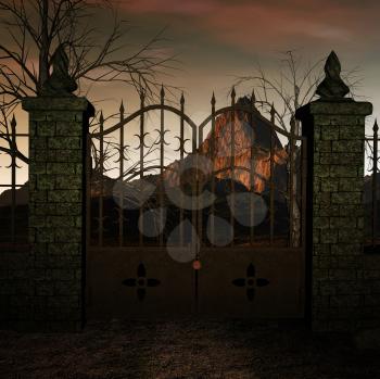 Royalty Free Clipart Image of a Gate With a Mountain in the Background