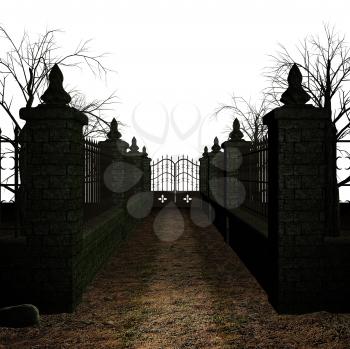 Royalty Free Clipart Image of a Fence and Stone Pillars
