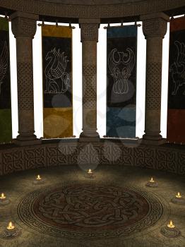 Royalty Free Clipart Image of Candlelit Room With Columns and Banners