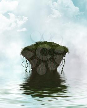 Royalty Free Clipart Image of a Cliff in the Water With Clouds