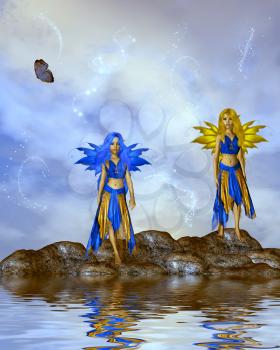 Royalty Free Clipart Image of Fairies Standing on  Rock in the Ocean