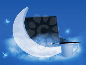 Royalty Free Clipart Image of a Moon, Insects, a Laptop and Coffee