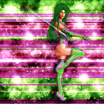 Royalty Free Clipart Image of a Warrior Woman on a Vibrant Pink and Green Background