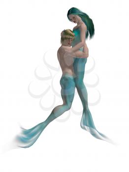 Royalty Free Clipart Image of a Mermaid and Merman Embracing