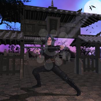 Royalty Free Clipart Image of a Female Samurai at a Temple