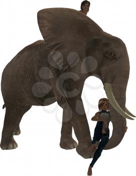 Royalty Free Clipart Image of a Boy and a Girl With an Elephant