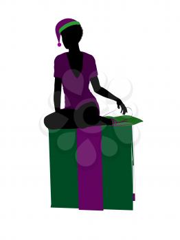 Royalty Free Clipart Image of an Elf on a Christmas Box