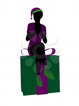 Royalty Free Clipart Image of an Elf on a Christmas Box