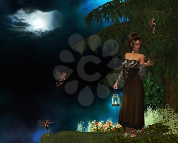 Royalty Free Clipart Image of a Woman Holding a Lantern and Fairies Around Her