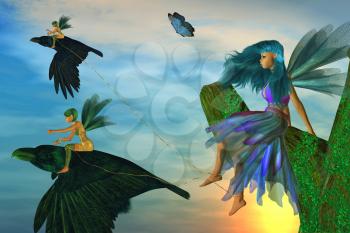 Royalty Free Clipart Image of Fairies and Ravens