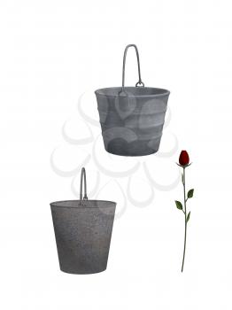Royalty Free Clipart Image of Two Buckets and a Red Rose