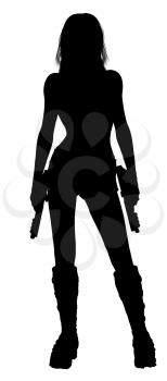 Royalty Free Clipart Image of a Silhouetted Woman Holding Guns