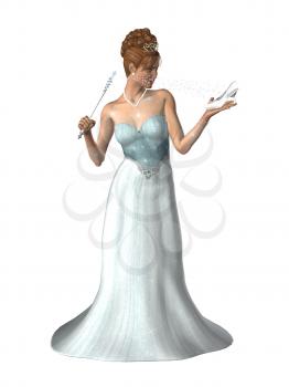Woman dressed in a gown with a magic wand and glass slipper